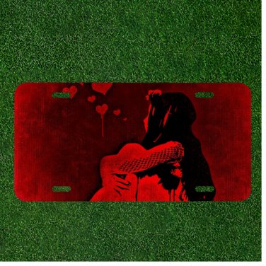 Custom Personalized License Plate Auto Tag With Girl In Red Thinking By Hearts