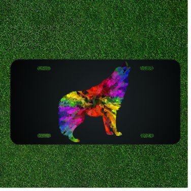 Custom Personalized License Plate Auto Tag With Colorful Wolf Dog Design
