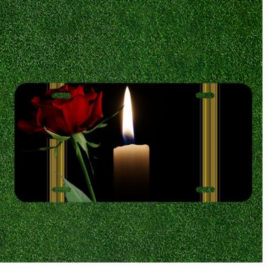 Custom Personalized License Plate Auto Tag With Red Rose And Lit Candle Design