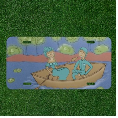 Creative License Plate Auto Tag With Cartoon Happy Couple In Boat In Water