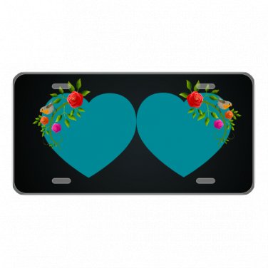 Custom Personalized License Plate Car Tag With Cyan Hearts And Roses Add Names