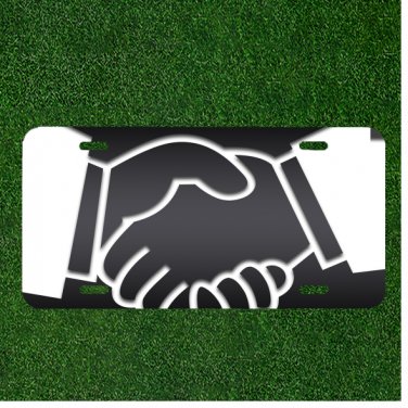 Custom Personalized License Plate Auto Tag With Hands Shaking Cartoon Design