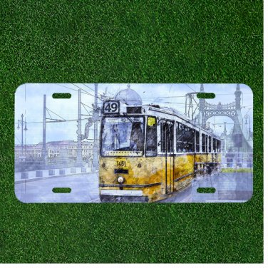 Custom Personalized License Plate With Yellow Train Sketch Design