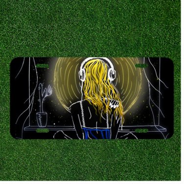 Custom Personalized License Plate Auto Tag With Blonde Women With Headphones Art