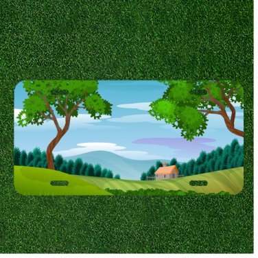 Custom Personalized License Plate Auto Tag With Cartoon Trees And House Design