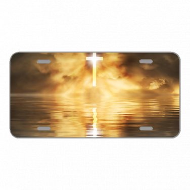 Custom Novelty License Plate With Stunning Glowing Cross View On Water Add Names