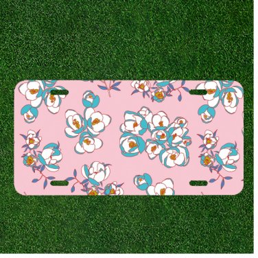 Custom Personalized License Plate Tag With White Flowers And Pink Background