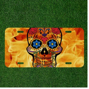 Custom Personalized License Plate Auto Tag With Stunning Flame Fire Skull Design