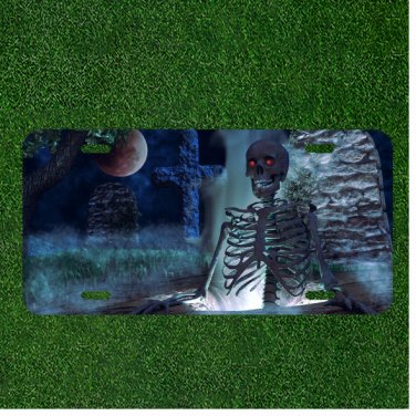 Custom Personalized License Plate Auto Tag With Skull In Grave Cross Design