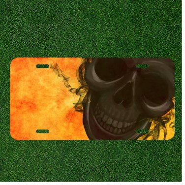 Custom Personalized License Plate Auto Tag With Flame Skull Design Art