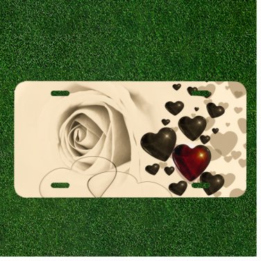 Custom Personalized License Plate Auto Tag With White Flower Black Hearts Design