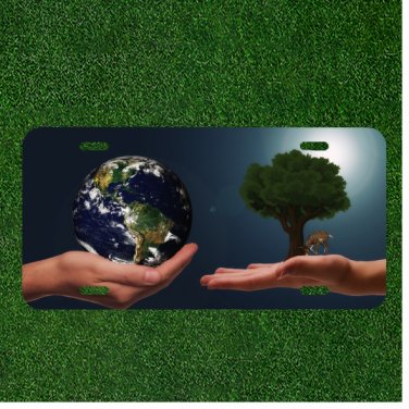 Custom Personalized License Plate Tag With Planet And Tree With Deer In Hands