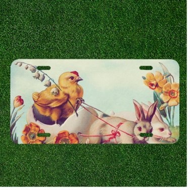 Custom Personalized License Plate Tag With Stunning Baby Chicken And Rabbits