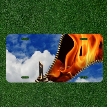 Custom Personalized License Plate Auto Tag With Zipper Of Flame And Sky Design