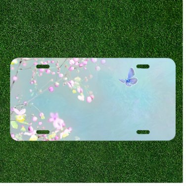 Custom Personalized License Plate Tag With Amazing Butterfly With White Flowers