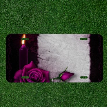 Custom Personalized License Plate Tag With Purple Candle And Flower Add Names