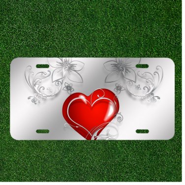 Custom Personalized License Plate Auto Tag With Clear Flowers And Red Heart