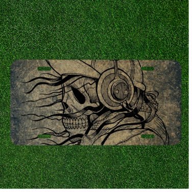 Custom Personalized License Plate Auto Tag With Skull Listening To Headphones