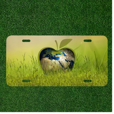 Custom Personalized License Plate Auto Tag With Apple Planet Earth In Grass