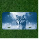 Creative License Plate Auto Tag With Blue Eyed Wolf Design In Snow Bubbles