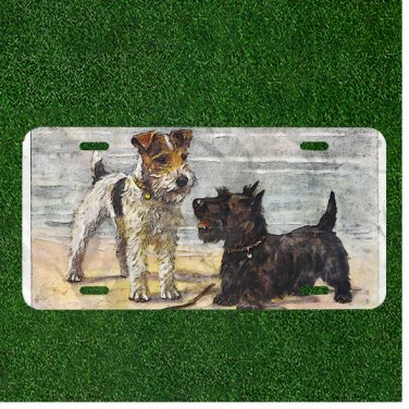 Custom Personalized License Plate Auto Tag With Two Cute Black And White Dogs