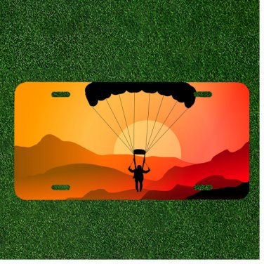 Custom Personalized License Plate Auto Tag With Person Parachuting Into Sunset