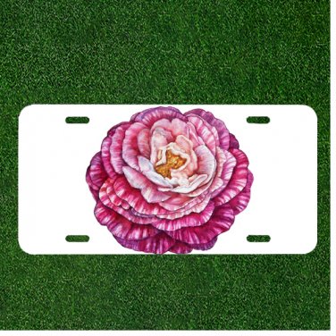 Custom Personalized License Plate Tag With Pink Flower With Light Pink Inside