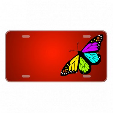 Custom Novelty License Plate With Rainbow Butterfly Red Background Add Names
