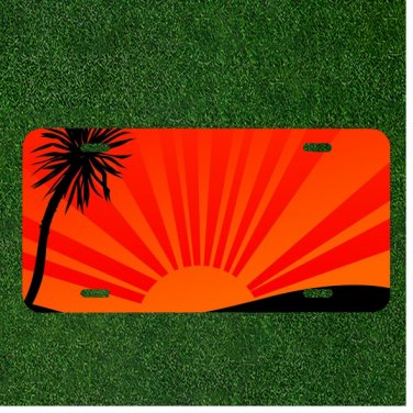 Custom Personalized License Plate Auto Tag With Orange Sunset Palm Tree Cartoon