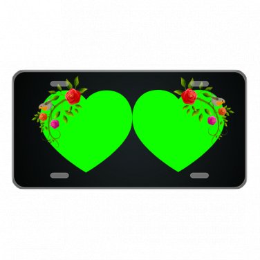 Custom Personalized License Plate Car Tag With Green Hearts And Roses Add Names