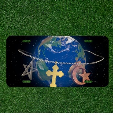 Custom Personalized License Plate Auto Tag With Cross Moon And Star Planet Earth