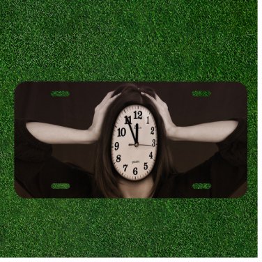Custom Personalized License Plate Auto Tag With Creepy Clock Faced Women Design