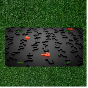 Custom Personalized License Plate Auto Tag With Black And Orange Question Marks