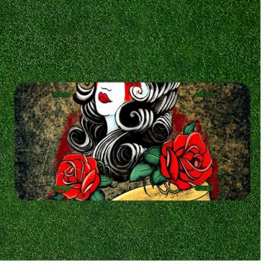 Custom Personalized License Plate Auto Tag With Fancy Long Brown Hair Roses