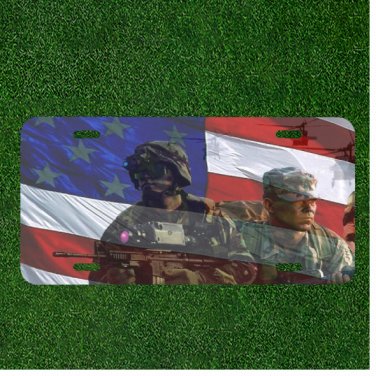 Custom Personalized License Plate Tag With Brave Army Soldiers Protecting Flag