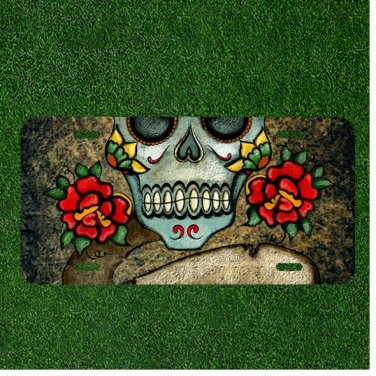 Custom Personalized License Plate Auto Tag With Skull With Roses Design