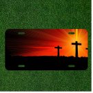 Custom Personalized License Plate Auto Tag With Orange Sunset Two Crosses Design
