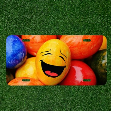 Custom Personalized License Plate Auto Tag With Colorful Eggs With Smiley Emoji