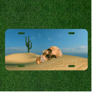Custom Personalized License Plate Auto Tag With Skull In Desert With Blue Sky