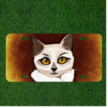 Custom Personalized License Plate Auto Tag With White Cat With Yellow Eyes