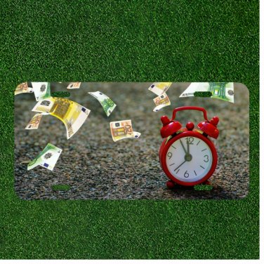 Custom Personalized License Plate Auto Tag With Time Is Money Clock Design
