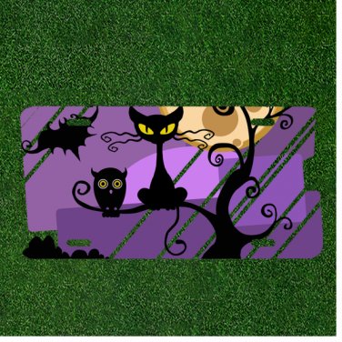 Custom Personalized Auto Tag With Cartoon Owl And Cat On Tree Branch Design