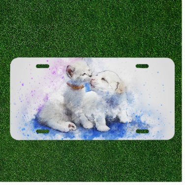 Custom Personalized License Plate Auto Tag With Cat And Puppy Dog Kissing Design