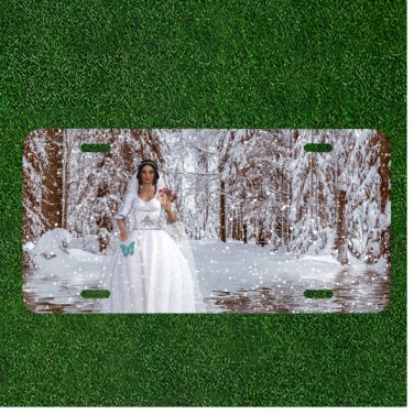 Custom Personalized License Plate Auto Tag With Women In Wedding Dress And Snow