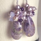 D I A N A - - Lepediolite, Freshwater Pearls, Amethyst, and Sterling Silver Earrings