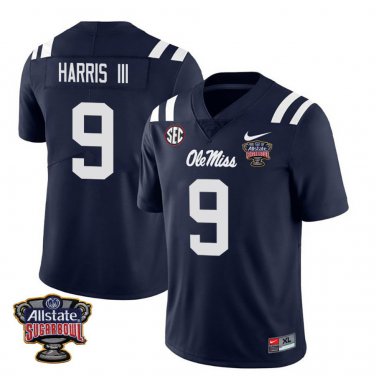 Ole Miss Rebels #9 Tre Harris III Navy Stitched Jersey Sugar Bowl