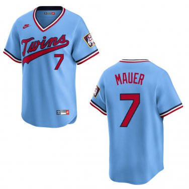 Twins #7 Joe Mauer Light Blue Throwback Stitched Jersey
