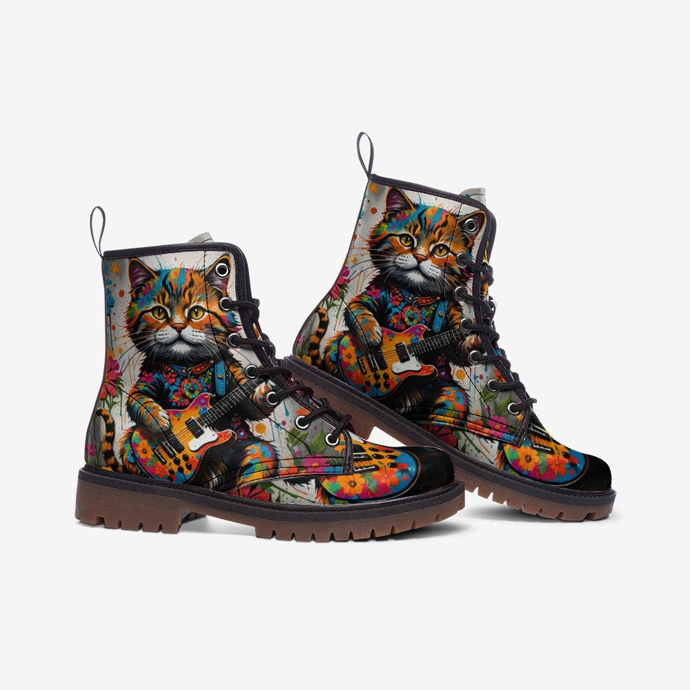 Rocking Cat on Casual Leather Lightweight Boots for Hippies