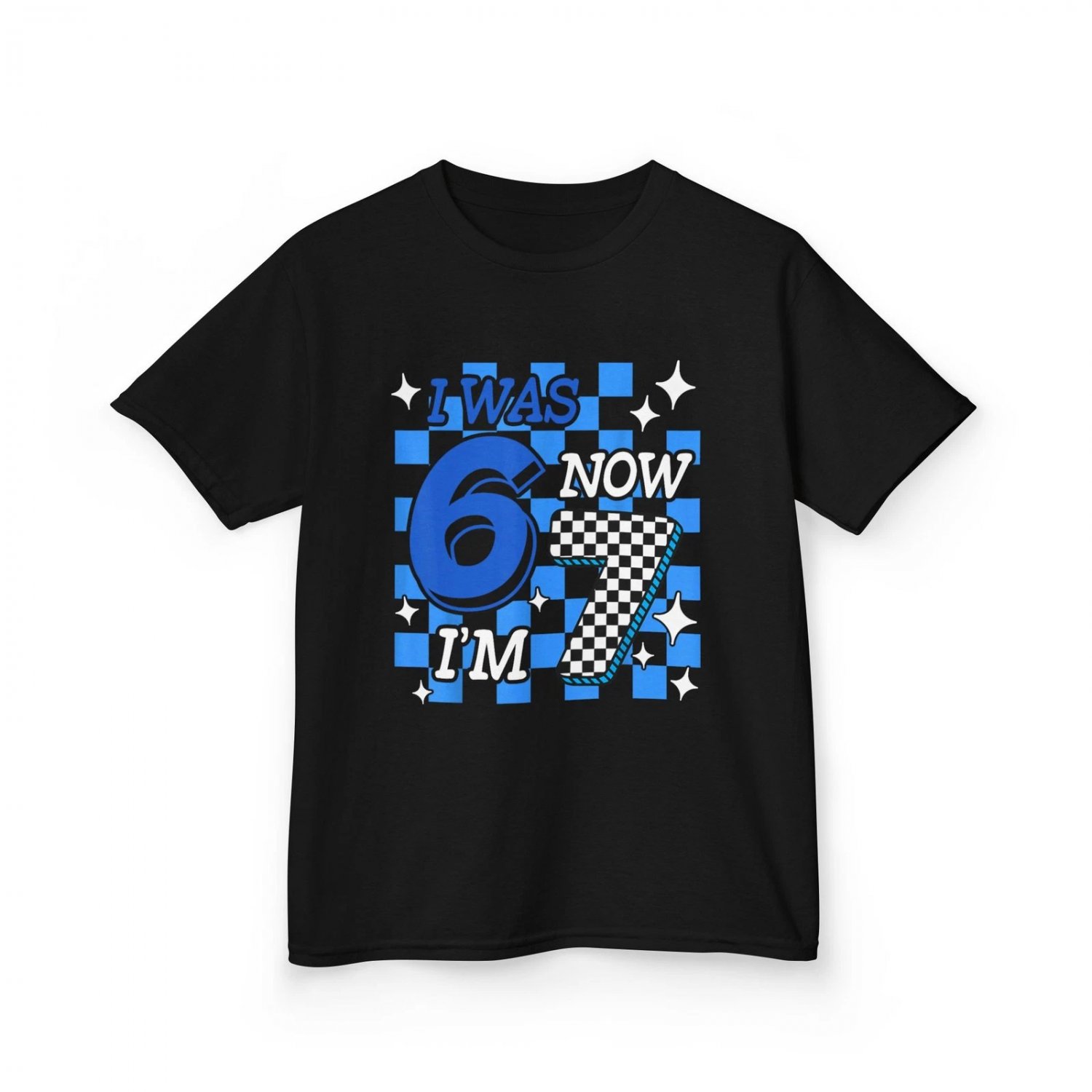 7th Bday Shirt, Blue Checkered I Was 6 Now I'm 7 Birthday Boy Bday Shirt