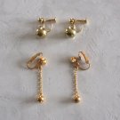 2 Pair Gold Bead Dangle Clip On Earrings Retro Vintage Jewelry 1970s